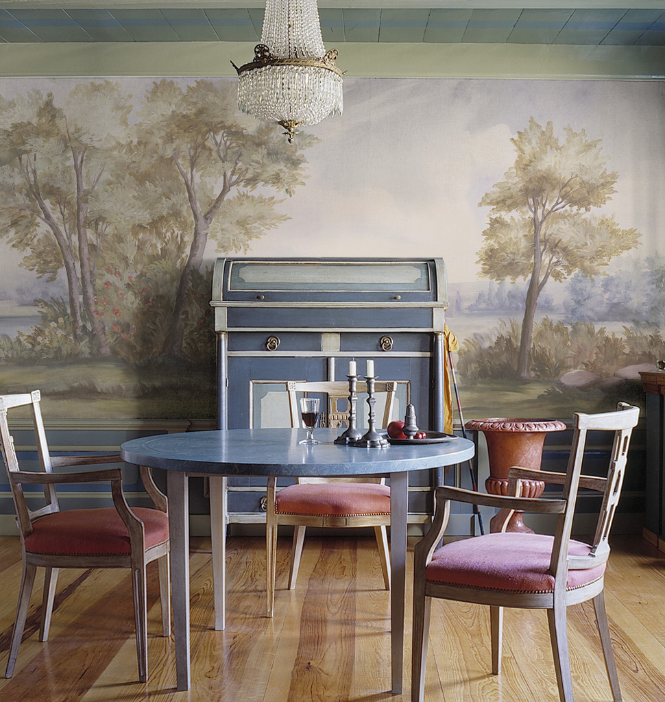 "Dining room, blue walls, panelled ceiling, wooden flooring, round table, chairs, bureau, chandelier, Interiors, rooms, paintings, carver, candlesticks, Dutch, period, country, traditional, period, rich, "