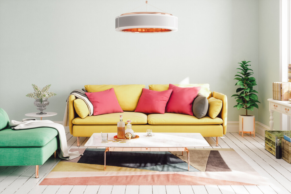 Interior of a modern living room designed with vibrant colors.