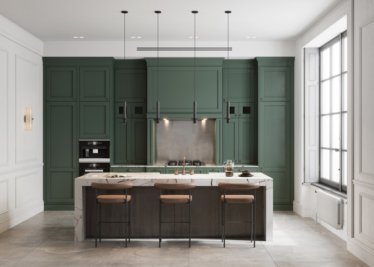 Modern kitchen interior with high chairs at the kitchen island in 3d render. Computer-generated image of kitchen interior with green wall.